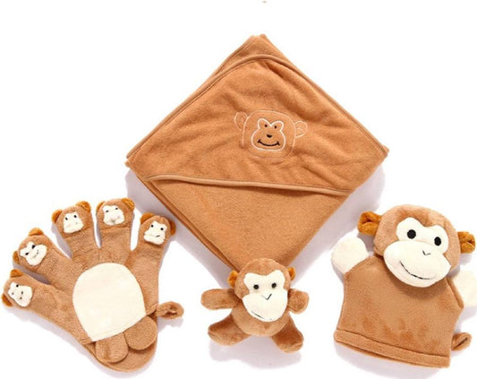 Hooded Baby Bath Towel with 5 Washcloths — Bamboo Cotton, Animal Designs